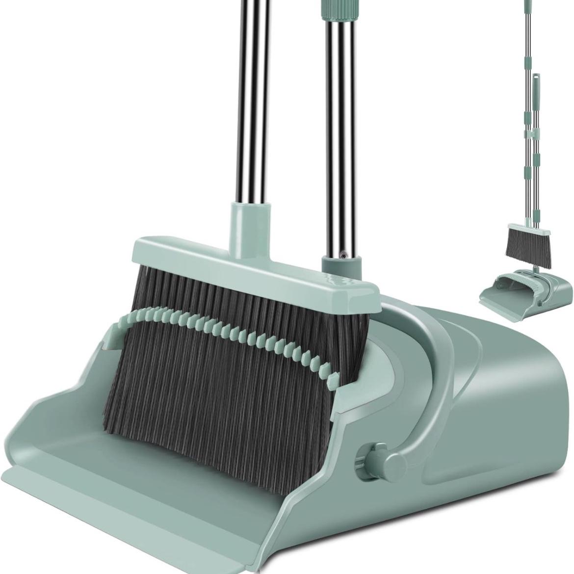 Broom and Dustpan Set, Large Size and Stiff Broom Dust pan with Long Handle, Upright,Ideal for Indoor Outdoor Garage Kitchen Room Office Lobby Use (Green)