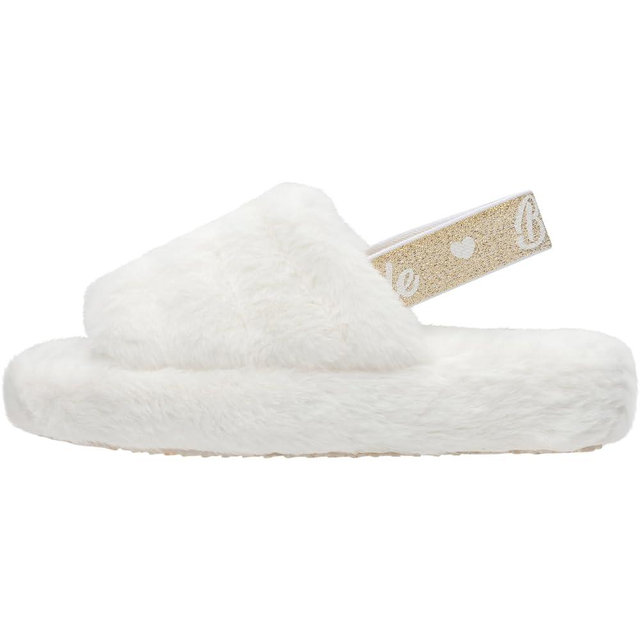 Bride Slippers - Bride Gifts for Bridal Shower, Bachelorette Party, Engagement Party, Wedding Day, etc. - Cozy White Fur Slippers with Cute Gold Elastic Strap for Bride to Be