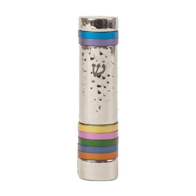 Emanuel Yair Mezuzah for Door | 10CM Hammered with Colorful Rings (Multi-Colored MZJ-1)