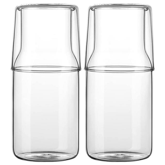 Sizikato 15 Oz Simple Clear Glass Bedside Night Water Carafe with Tumbler Glass, Set of 2