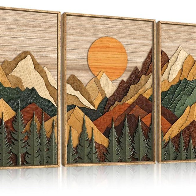 Celestdeco Large Woodcut Style Mountain Framed Canvas Wall Art Set, Woodsy Rustic Ridge Wall Decor, Boho Pine Tree Forest Wall Painting, Abstract Sunrise Wooden Art Print for Living Room, Bedroom, Office - 16"X24"X3 (Not-3D Effect)