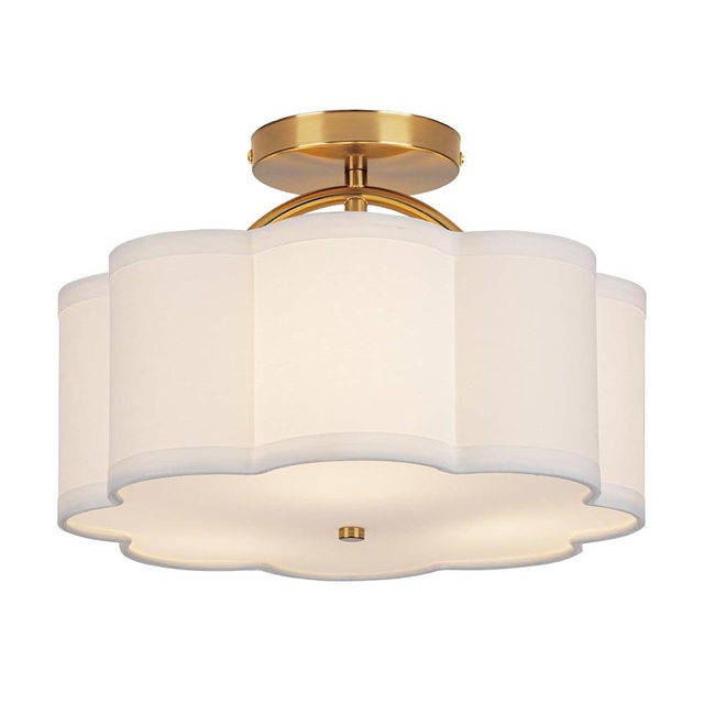 CALOKES Semi Flush Mount Ceiling Light, 11.8" Modern 3-Light Fixture with Petal-Shaped Cream White Fabric Shade and Golden Support Arm, Ideal for Bedroom, Kitchen, Living Room, Hallway, and Entryway