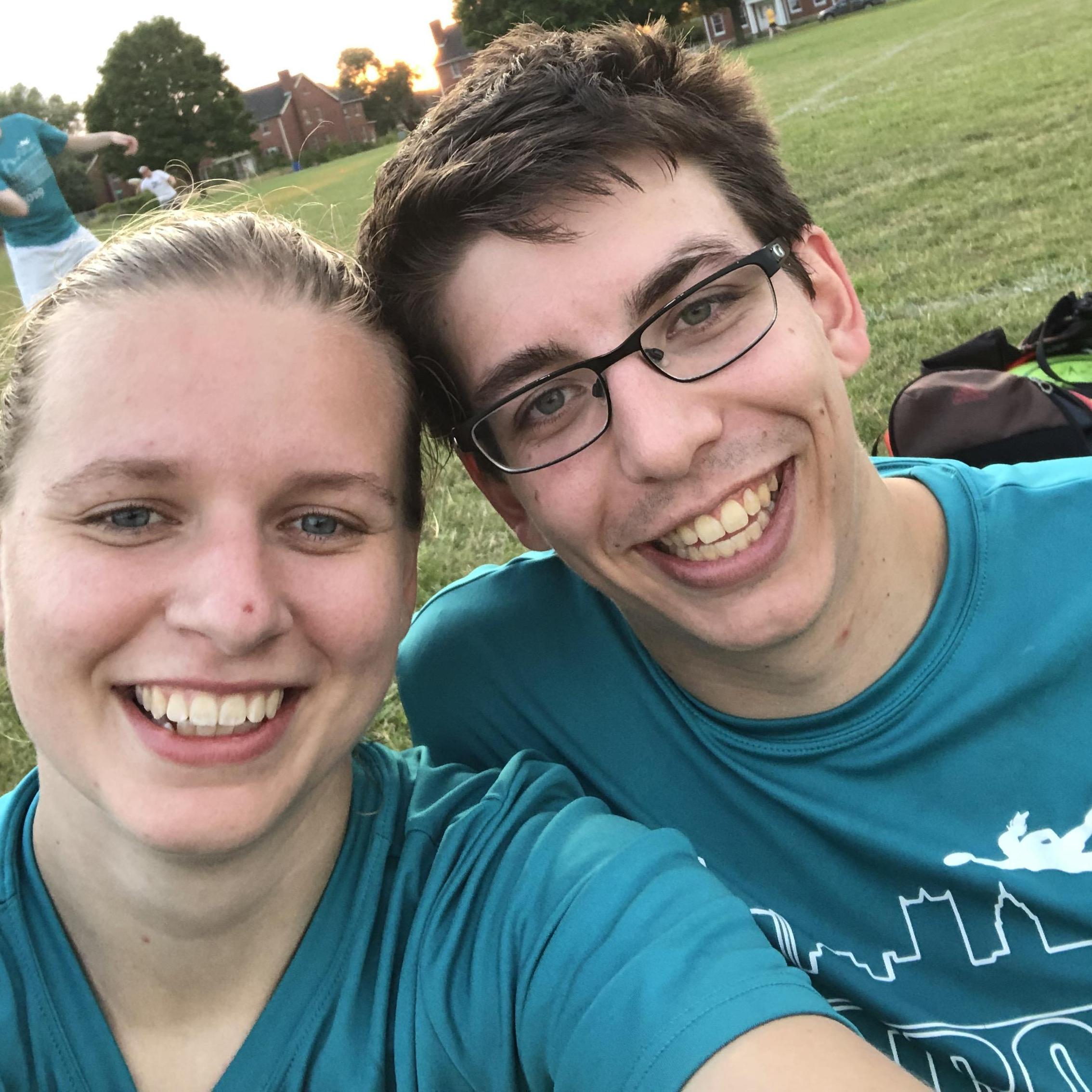 We can frequently be found together on the turf playing ultimate frisbee. Here's us after one of our weekly Detroit Ultimate Frisbee League games.
