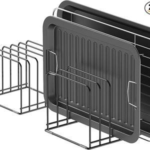 Kitchen Cabinet Organizer, Steel Cookware Holder, Divided Holder with 5 Slots for Skillets Baking Tray and Chopping Board Rack - Baking Pan Holder Storage (2 PCS)