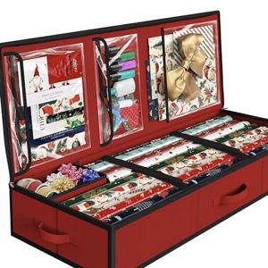 Simple Houseware 41.5" Wrapping Paper Storage Organizer - Fits 40 Rolls with Adjustable Straps, Interior Divider for Ribbons & Bows, 3 Clear Pockets for Gift Bags & Tools, 41.5''L x 16''W, Red