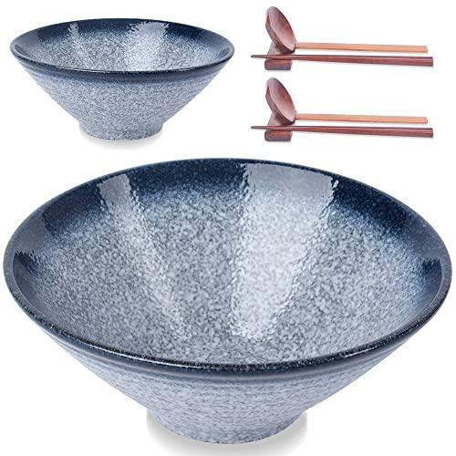 (2 Sets 8 PCS) Large Ceramic Japanese Ramen Bowls, 60 oz, for Soup, Noodle, Pho, Udon and Soba, with Matching Spoons, Chopsticks and Racks, Blue