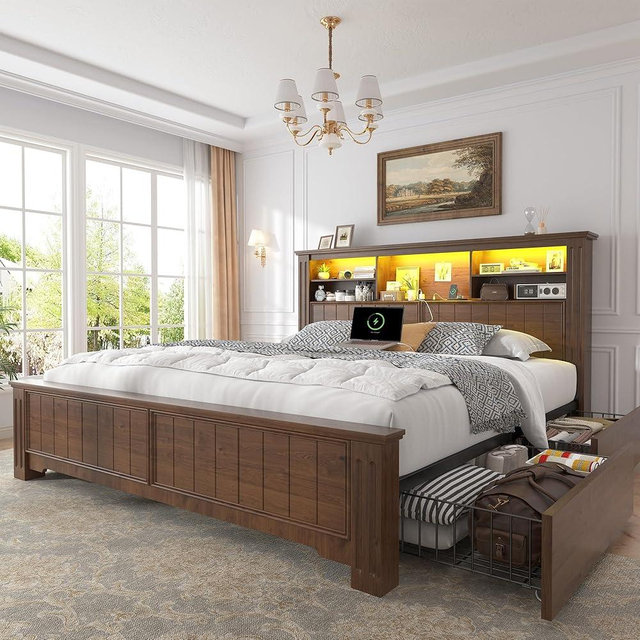 EnHomee Queen Bed Frame with Headboard and Storage, 4 Drawers & LED & USB Queen Size Bed Frame with Storage Farmhouse, Built in Charging Station,NO Noise,No Box Spring Needed,Brown
