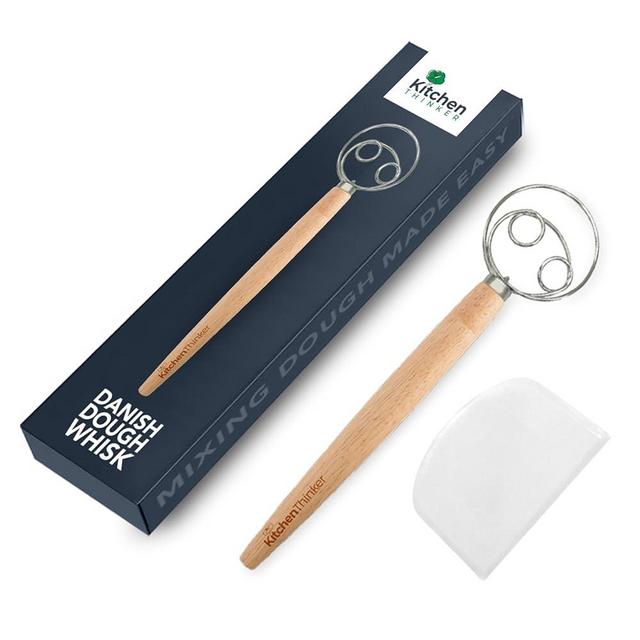 KitchenThinker Danish Dough Whisk with Dough Scrapper, Stainless Steel Ring Bread Whisk with Wooden Handle Dough Mixer Hand Tool, Danish Whisk for Dough, Dutch Whisk for Cake, Pizza 13 Inch