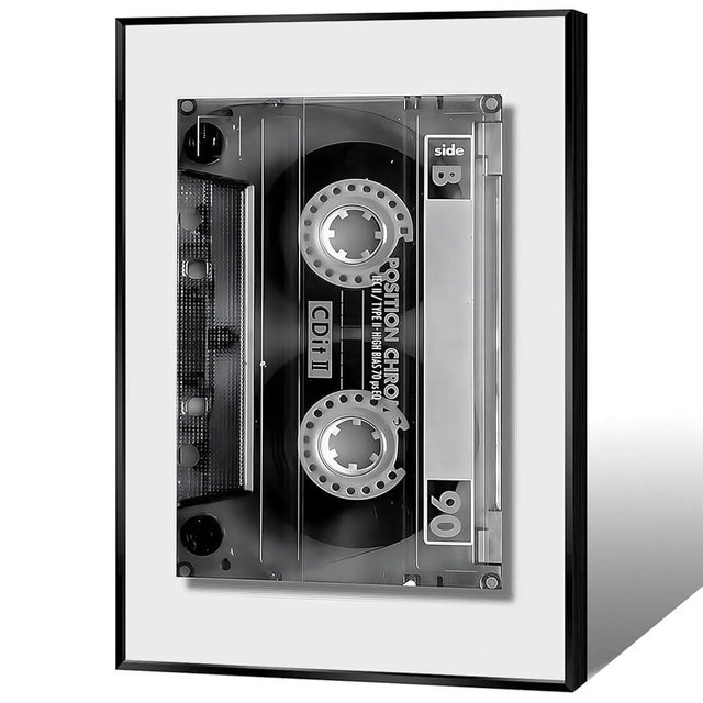 FBKDVC Vintage Black And White Cassette Tape Canvas Wall Art 90s Retro Music Aesthetic Posters Trendy Music Themed Print Minimalist Preppy Wall Decor For Bedroom Dorm Apartment 12x16in Framed