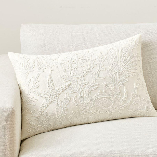 Coastal Tides Embroidered Lumbar Pillow Cover, White, 16" x 26"