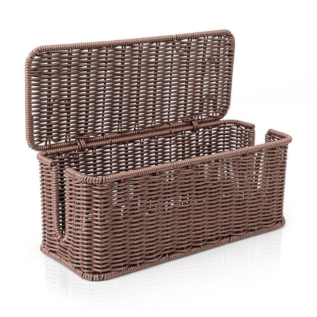 Cable Management Box, Handmade Rattan Cable Organizer, 2 Open Slots Cords Hider Box, Under Desk Cord Organizer for Computer Router USB Hub & Power Strip, Patent Pending, 13" x 5.1" x 5.1", Brown