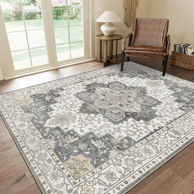 GENIMO 8x10 Area Rugs for Living Room, Machine Washable Non Slip Vintage Retro Rugs, Low Pile Lightweight Chenille Print Rug for Bedroom, Dining Room, Home Office, Heathered Grey