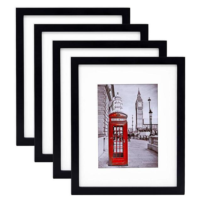 eletecpro 11x14 Picture Frames Set of 4 - Made of Solid Wood and Tempered Glass with Mats, Display Pictures 11x14 Without Mat or 8x10/8.5x11 with Mat for Wall and Tabletop - Mounting Hardware Included (Black, 11x14)