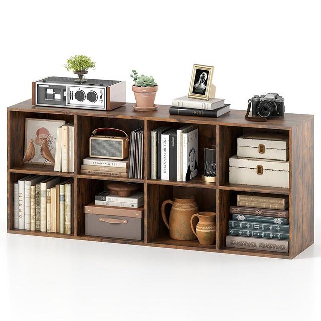 Tangkula 8-Cube Bookcase, Large Floor Standing Horizontal Bookshelf with 8 Open Shelves & 2 Anti-Tipping Kits, Home Office Wooden Storage Book Shelf for Living Room, Study (Rustic Brown, 8-Cube)