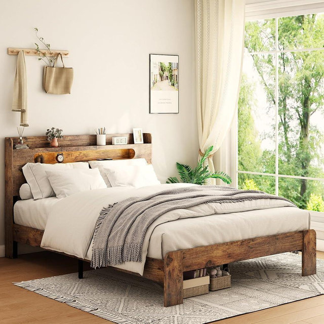 SAMTRA Queen Size Wooden Bed Frame, Storage Headboard with Charging Station & Led Lights, Rustic Farmhouse Sturdy Framework Wood Bedframe, Easy Assembly (Brown Led)