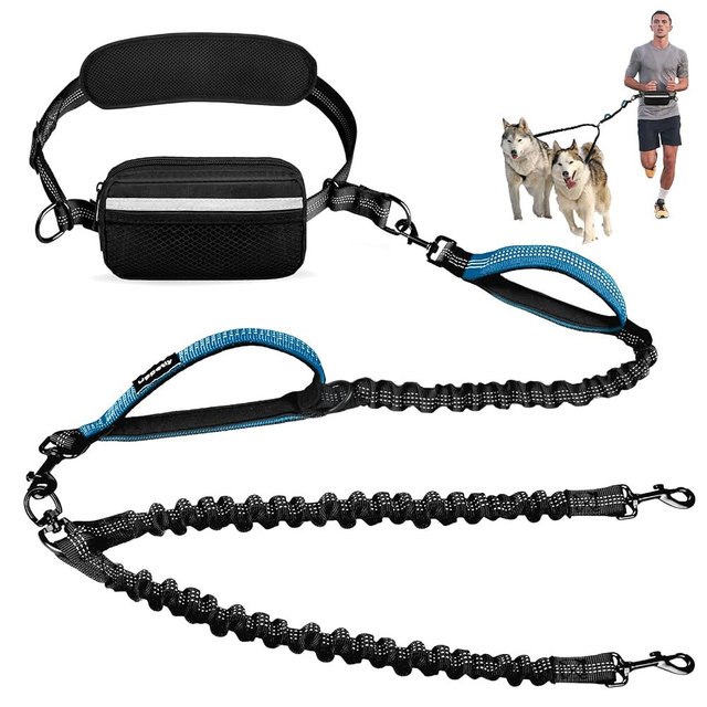 Uppetly Hands Free 2 Dog Running Leash with Waist Belt, Dual Handle Elastic Bungees Retractable Rope for Small and Medium Dogs, Reflective Stitches for Walking Hiking Biking (Small Blue, 8-25lb)