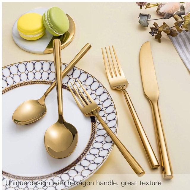 Gold Silverware Set Flatware Set Stainless Steel Cutlery Set 40 Pieces Hexagon Handle Home Kitchen Daily Use Service for 8