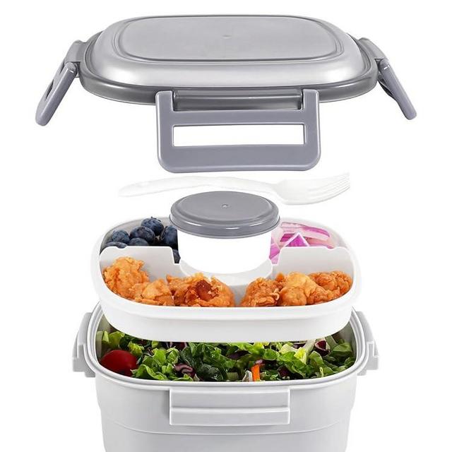 Superior Salad Bowl Lunch Box - Large 55-oz Bento-Style Tray with 4-Compartments, 3-oz Sauce Container, Reusable Spork & BPA-Free (Gray)