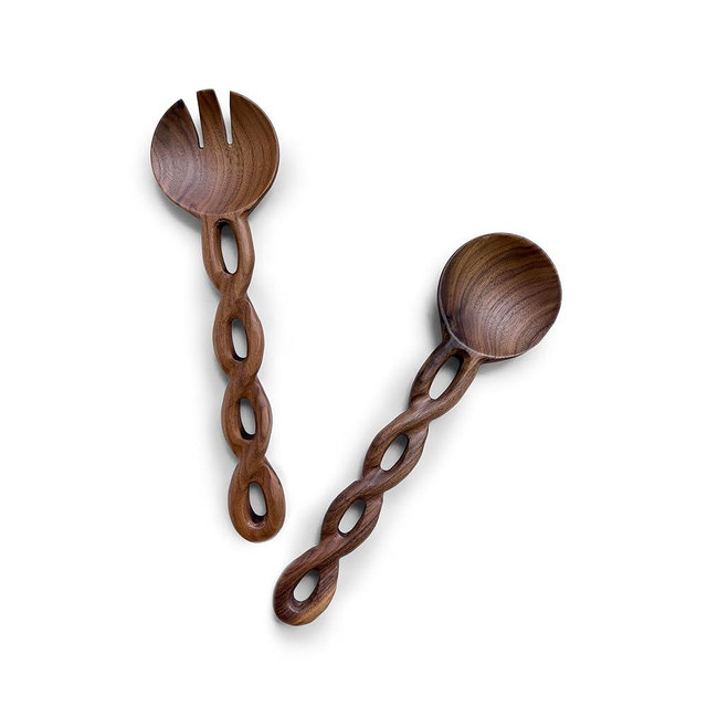 13" Wooden Salad Tongs For Serving, Walnut Kitchen Utensils Set, Salad Servers Mixing Dinner Fork and Spoon Long Handle, Housewarming Gift Ideas, Set of 2 (Walnut Wood)
