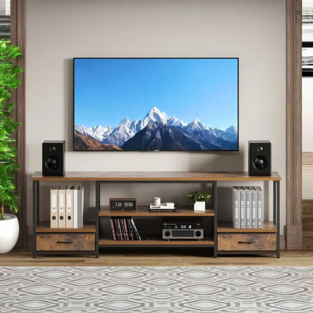JIONJOY 63" Rustic Brown TV Stand with Power Outlets - 2 Fabric Drawers, Adjustable Shelves, 110 lbs Capacity, Entertainment Center for TVs up to 75"