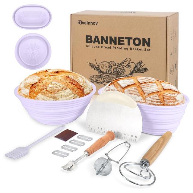OveInnov Sourdough Bread Proofing Baskets: Silicone Sourdough Starter Kit, 9 inch Round&10 Inch Oval Washable&Foldable Banneton Baskets Supplies Set for Bakers Beginners(Purple)