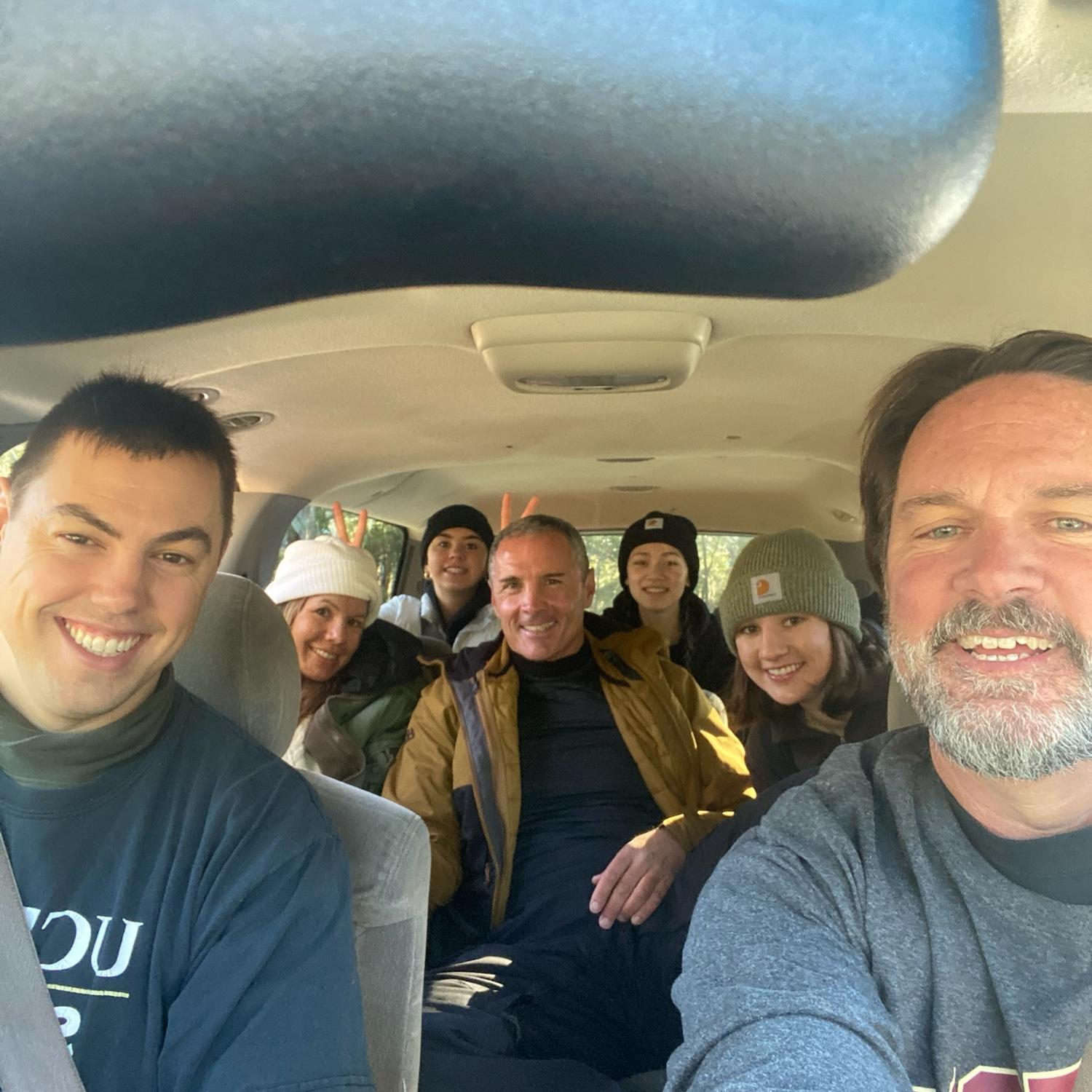 Family snowboarding trip! All piled in Michael’s family suburban