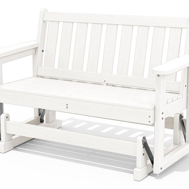 SERWALL 2 Person Patio Glider Rocking Chair, HDPE Material Weather-Resistant Swinging Bench for Outdoor Porch Garden, White
