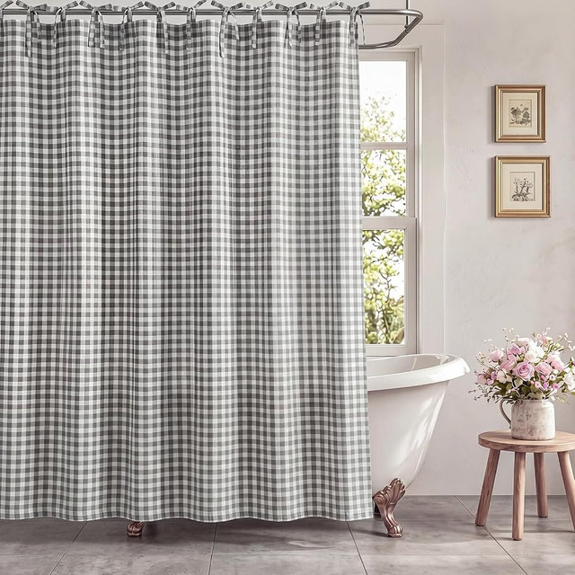 Fanfanwin 72" x 72" Light Grey Gingham Shower Curtain, Linen Blend Tie Top Plaid Shower Curtains Hanging Farmhouse Home Decor Washable for Bathrooms, Bedrooms, and Offices