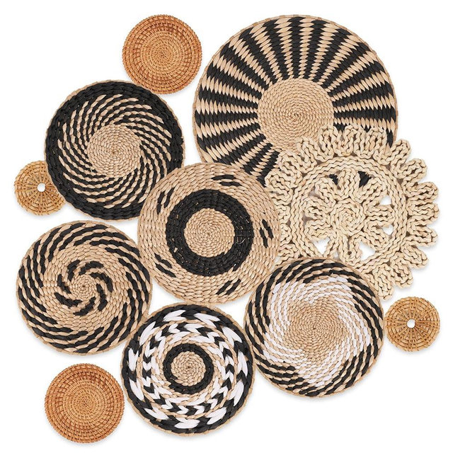 Boho Wall Basket Decor Set of 11 - Hanging Woven Bulrush Basket Wall Decor, Handcrafted Round Flat Baskets Wall Art, for Rustic Farmhouse、Home - Unique Rattan Wicker Wall Decor（Black Retro）