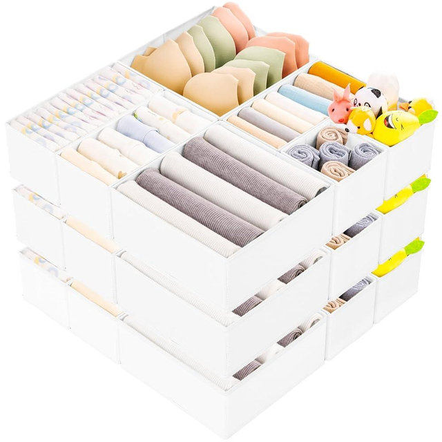 Criusia 15 Pack Drawer Organizer for Clothes, Foldable Dresser Dividers with 3 Sizes, Fabric Storage Bins – White