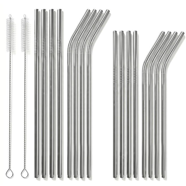 CEDIDJAC 16 Pack Reusable Stainless Steel Metal Straws, 4 Straight + 4 Bent 10.5 Inch and 4 Straight + 4 Bent 8.5 Inch Metal Straws with 2 Cleaning Brushes, Straw Compatible with 20/30 oz Tumbler