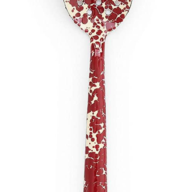 Enamelware Slotted Spoon, 12 inch, Burgundy/Cream Splatter (Single)