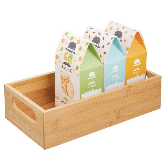 mDesign Bamboo Wood Compact Food Storage Bin with Handle for Kitchen Cabinet, Pantry, Shelf to Organize Seasoning Packets, Powder Mixes, Spices, Packaged Snacks - Natural