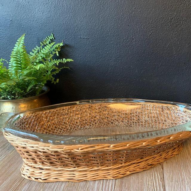 Vintage Glasbake Glass Fish Platter with Wicker Base Stand | Vintage Tableware | Serving Casserole Dish | Coastal Seafood Dinner Tray