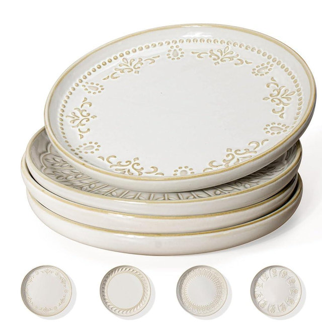 Artena Salad Plates Set Of 4, 8.5 Inch Embossed Appetizer Plates, Ceramic Dessert Plates & Plates And Bowls Sets, 16 Pieces Dinnerware Sets, Dish Set For 4, Ceramic Kitchen Bowl And Plate Set