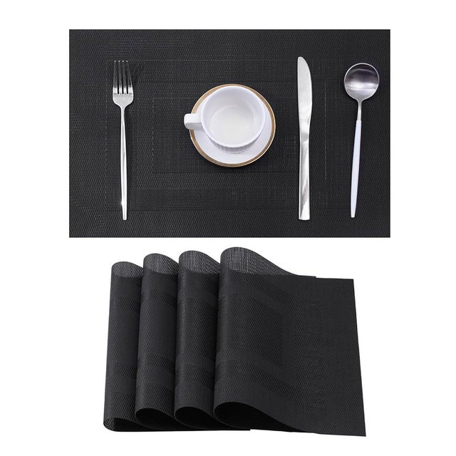 Leetaltree Black Frame Placemats Set of 4 - Heat Resistant Non-Slip Place mats for Dining Table, Washable Durable PVC Vinyl Woven Table Mats（Black Frame, 4）
