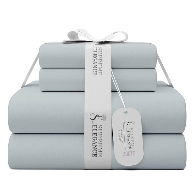 SUPREME ELEGANCE 100% Cotton Queen Soft Gray Sheet Set, Percale Weave Soft Gray Sheets, Cool & Crisp, Lightweight & Comfortable Sheet with Deep Pocket (1 Flat Sheet, 1 Fitted Sheet, 2 Pillowcases)