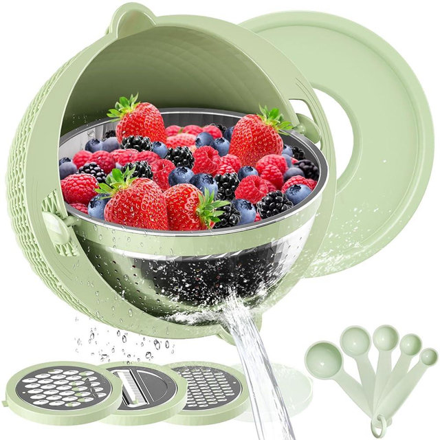 4-1 Colander with Mixing Bowl Set - Colander Bowl with Measuring Spoons - Fruit Strainer Bowl, Colanders & Food Strainers Stainless Steel, Rotatable Kitchen Colander Strainer Bowl - Green