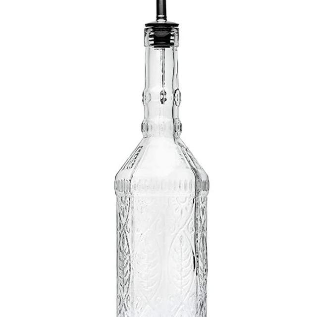 BULK PARADISE Large Clear Decorative Glass Bottle with Spout and Cork, 32oz, 1 Bottle - Design: VINO (3in X 11.9in)