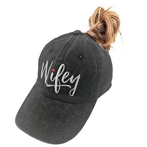 MANMESH HATT Embroidered Wifey Ponytail Hat Vintage Washed Adjustable Denim Baseball Cap for Women