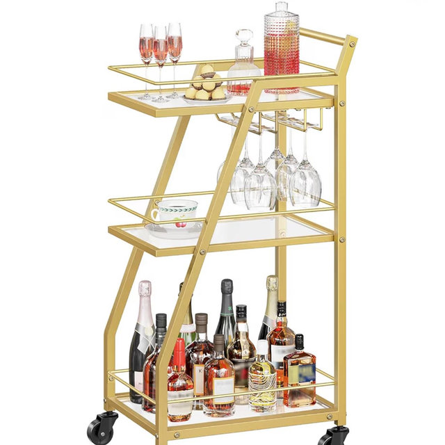 Bar Cart for The Home, Small Bar Cart on Wheels, Home Bar Serving Cart with Glass Holder, for Kitchen, Transparent and Gold BC03GD