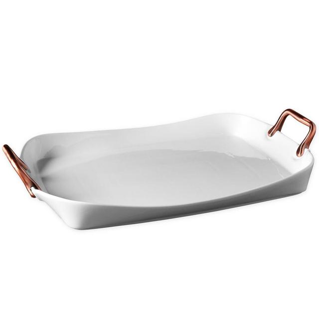 Denmark® 19-Inch Rectangular Porcelain Serving Tray in White with Copper Handles
