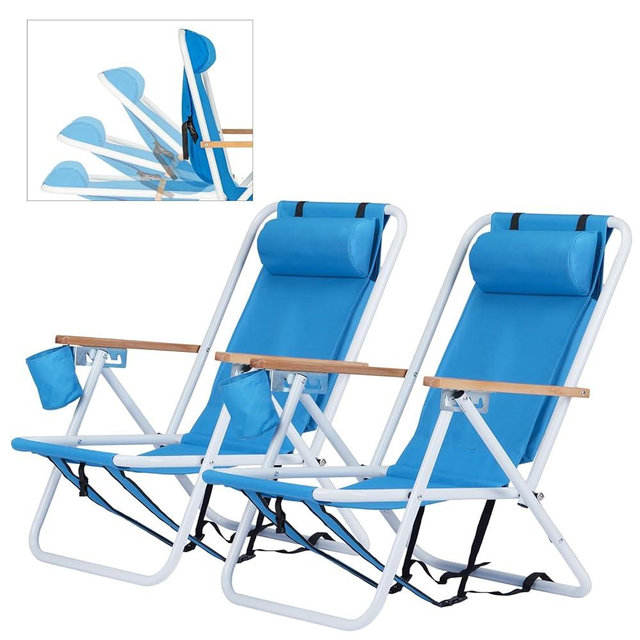 Outvita Folding Beach Chair Adjustable Headrest w/4 Flexible Tilt Angle, Cup Holder Portable High Strength Cleanable Fabric, for Sand Camping Lawn Concert Travel Festival
