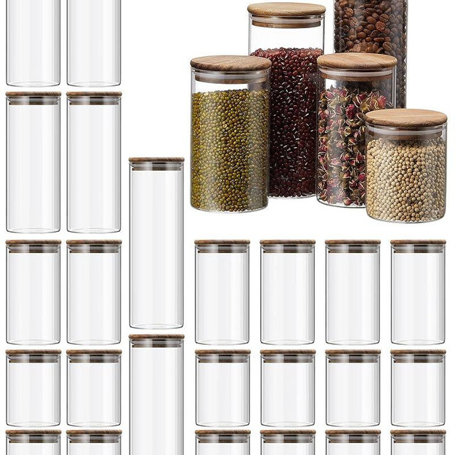 Qinyoung 24 Pcs Glass Storage Jar with Acacia Wooden Lid, 4 Sizes Food Storage Container Clear Stackable Canister Airtight Glass Jar for Candy Cookie Rice Sugar Pasta 3.4''x4'', 6'', 7.9'', 9.8''