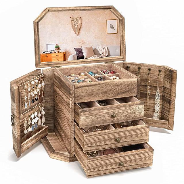 Emfogo Jewelry Box Rustic Wooden Jewelry Boxes for Women Girls Gift, 4 Layer Large Jewelry Organizer Box Mothers Day Gifts, Wood Jewelry Boxes & Organizers for Rings Earrings Necklaces Bracelets
