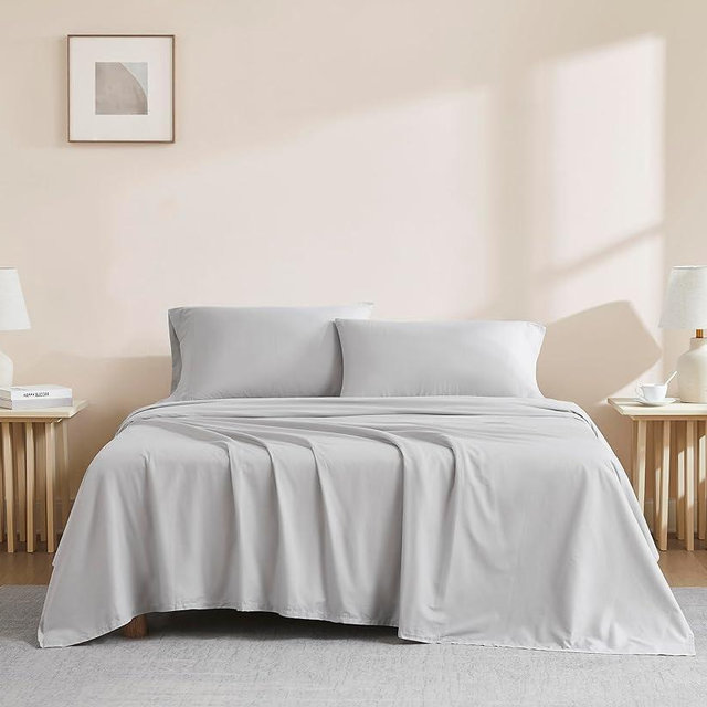 Linen Closet 100% Organic Cotton King Sheet 4 Pcs Set – Crisp Percale, Lightweight & Breathable– Light Grey Bed Sheets,Deep Pocket up to 18”– Naturally Cooling, Soft, Eco-Friendly,All Season Comfort