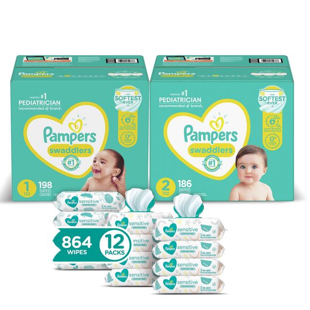 Pampers Baby Diapers and Wipes Starter Kit, Swaddlers Disposable Baby Diapers Sizes 1 (198 Count) (186 Count) with Sensitive Water-Based Baby Wipes, 12 Pop-Top and Refill Combo Packs, 864 Count
