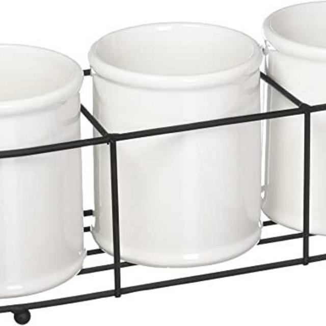 Creative Co-Op Set of 3 White Ceramic Crocks in Black Metal Holder