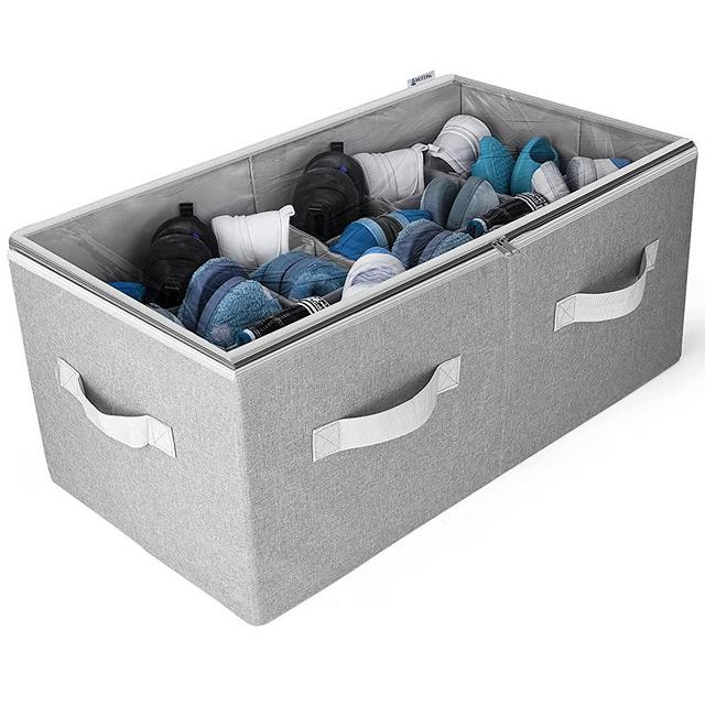 Moteph Shoe Organizer Closet Storage Solution with Clear Cover & Adjustable Dividers for Shoes, Handbags, Blankets, Linen, Clothing (Grey, Large - 24 Pairs)