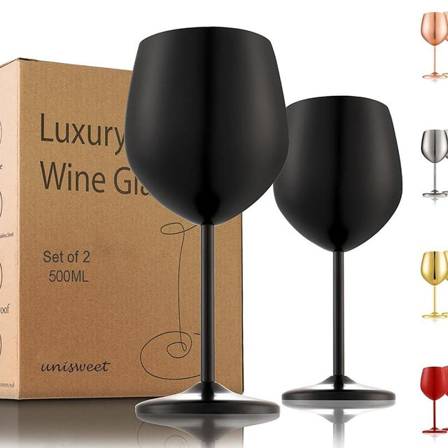 UNISWEET Stainless Steel Wine Glasses Set of 2, 18 oz Unbreakable Black Wine Glass Unique Metal Wine Goblets for Outdoor Capming and Pool Gift for Wine Lovers